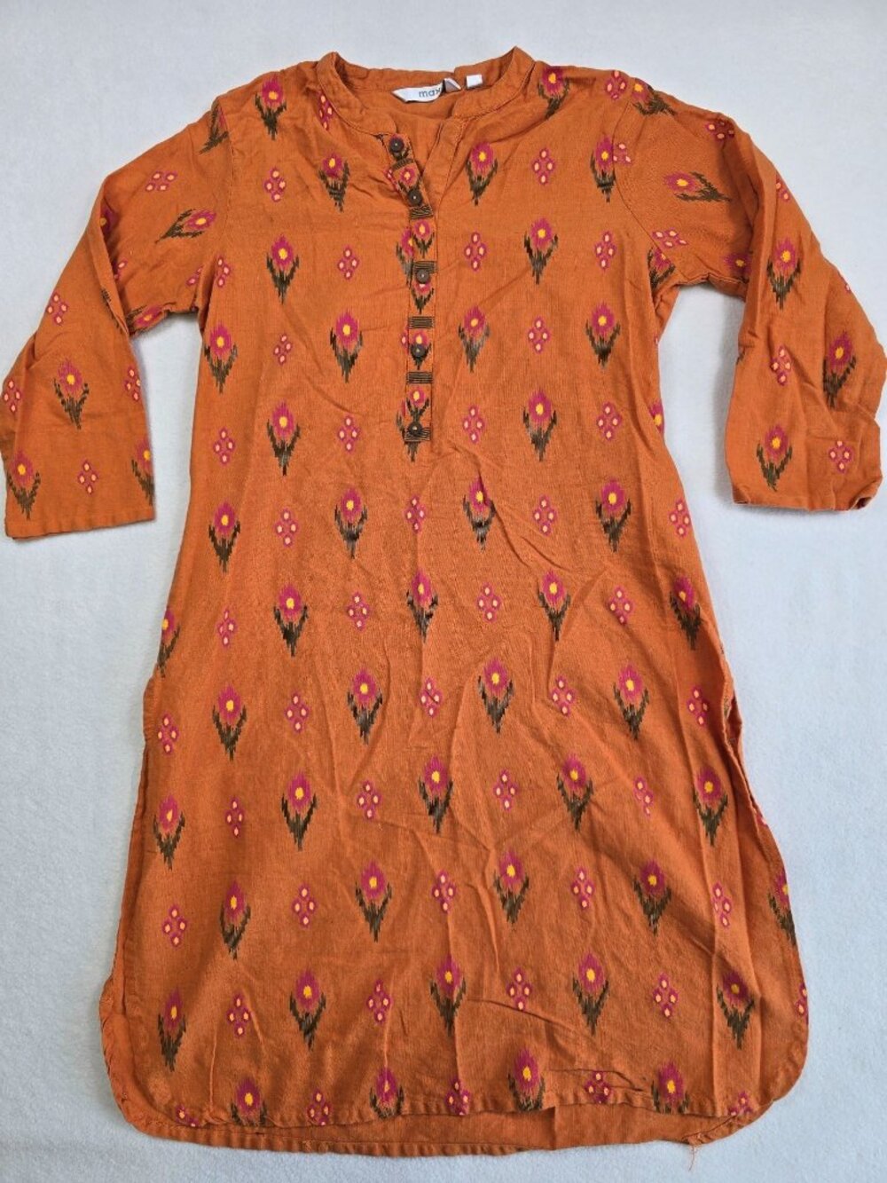 Orange Floral Girls Tunic Dress By Max Cotton & Flax Blend 3/4 Sleeves Medium